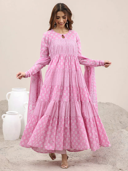 Libas Pink Printed Cotton Anarkali Suit With Dupatta