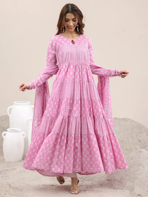 Libas Pink Printed Cotton Anarkali Suit With Dupatta