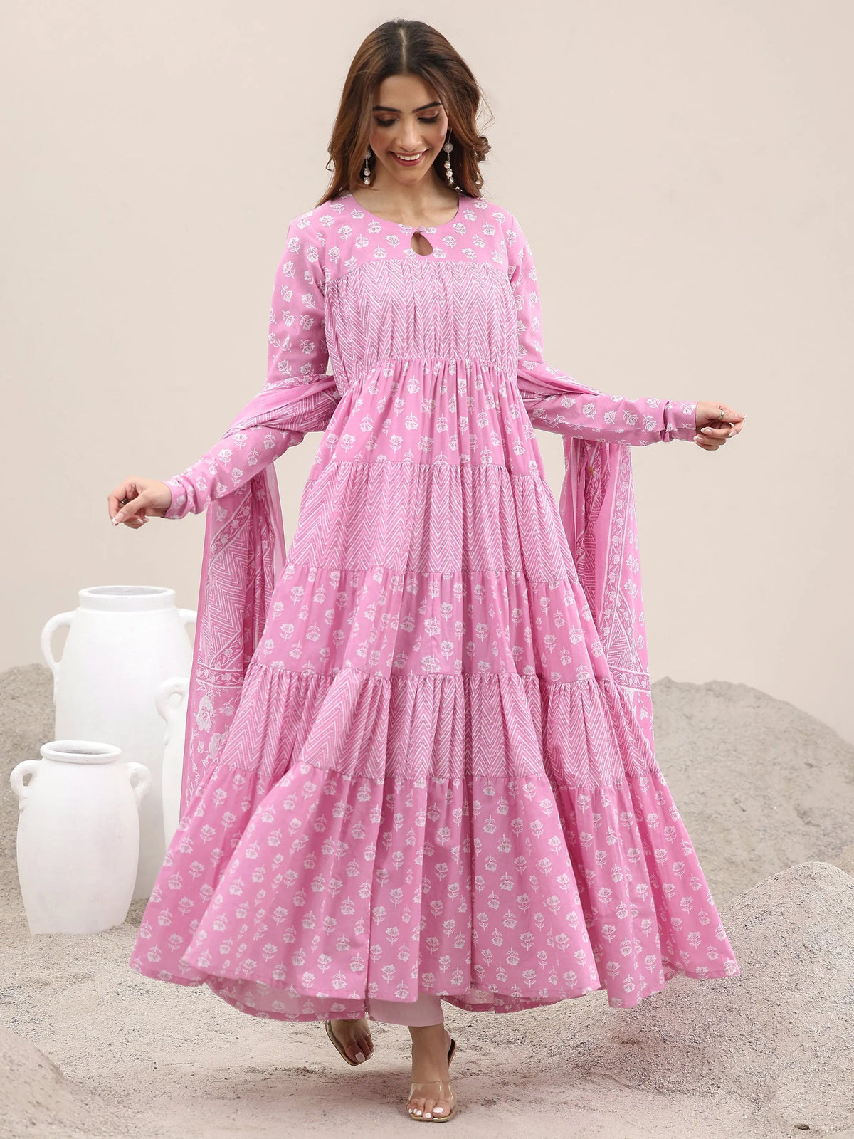 Libas Pink Printed Cotton Anarkali Suit With Dupatta