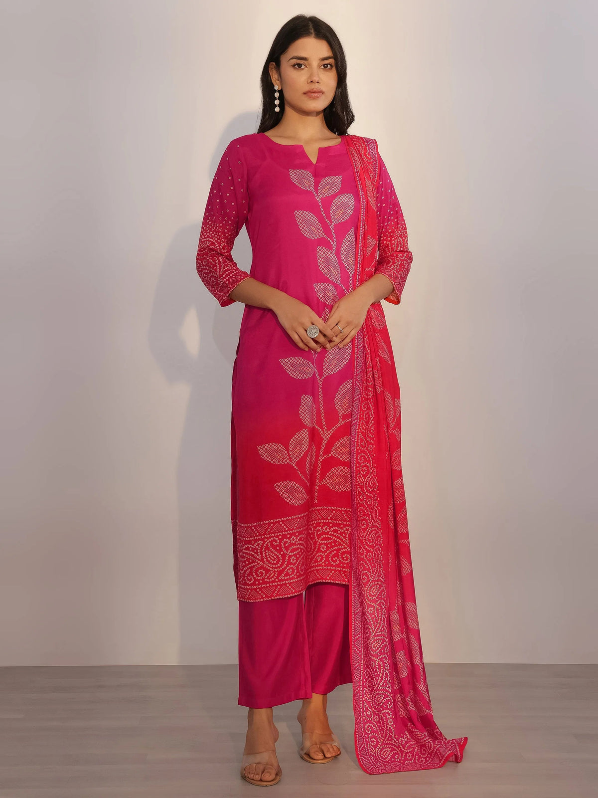 Libas Pink Printed Silk Blend Straight Suit With Dupatta