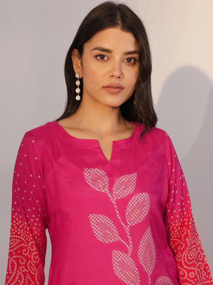 Libas Pink Printed Silk Blend Straight Suit With Dupatta