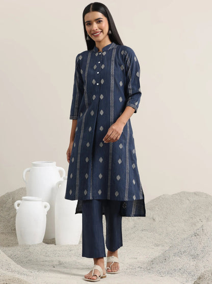 Libas Blue Woven Design Cotton Straight Kurta With Trousers