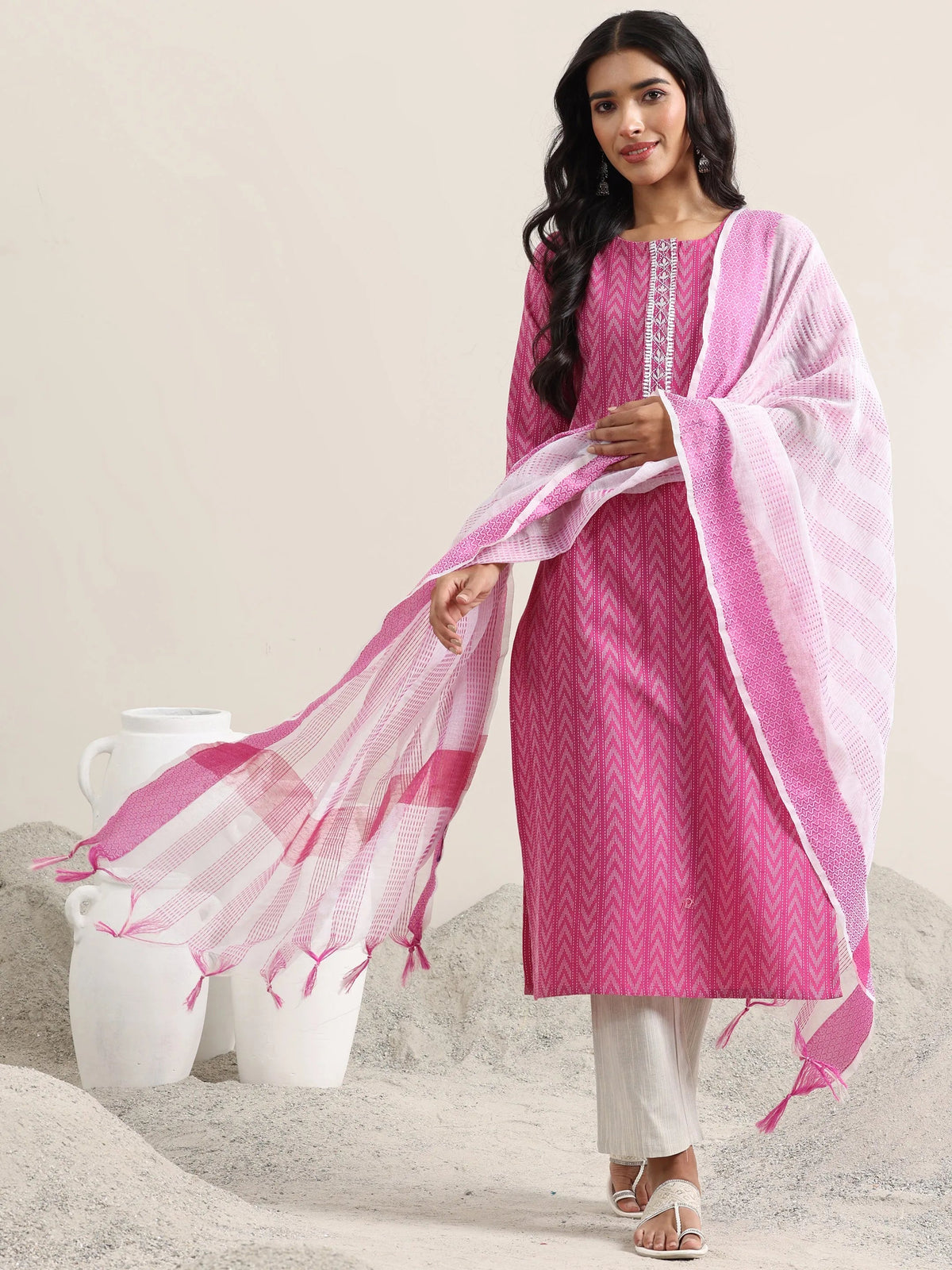 Libas Pink Woven Design Cotton Straight Suit With Dupatta