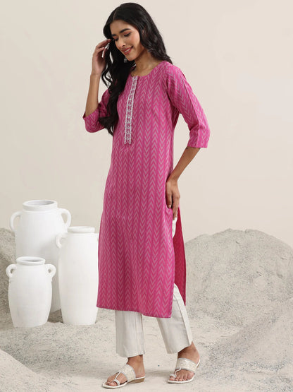 Libas Pink Woven Design Cotton Straight Suit With Dupatta