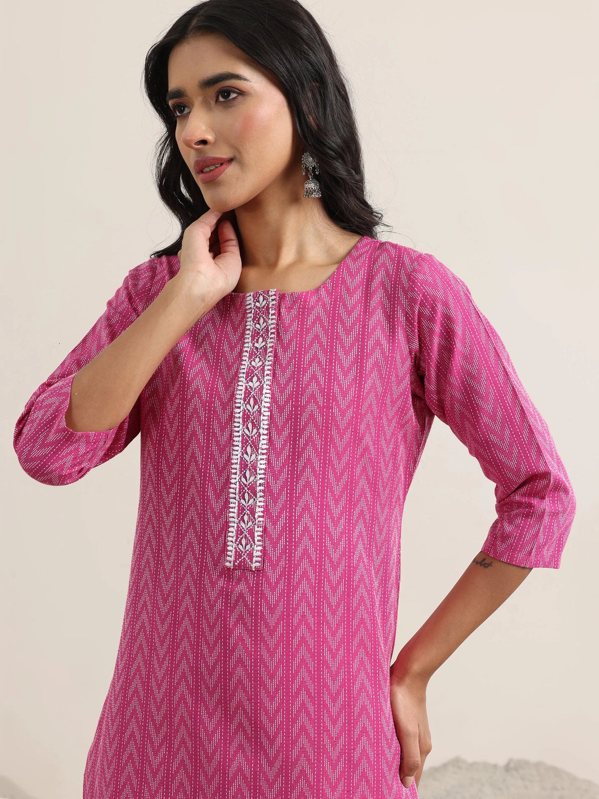 Libas Pink Woven Design Cotton Straight Suit With Dupatta