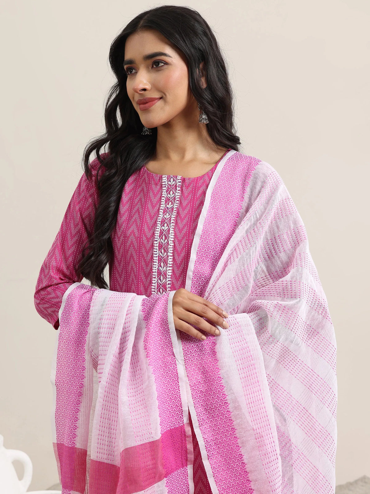 Libas Pink Woven Design Cotton Straight Suit With Dupatta