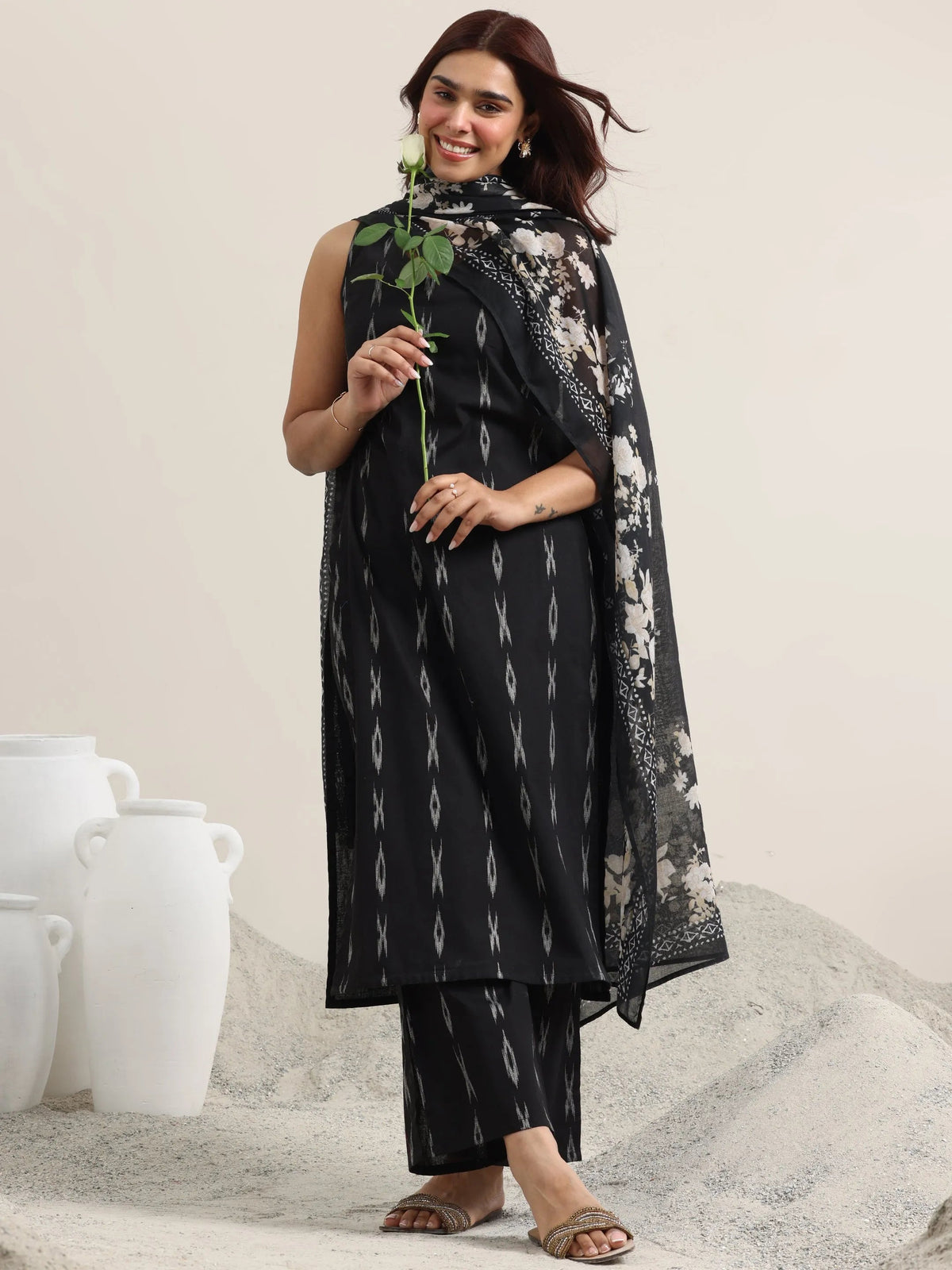 Libas Black Woven Design Cotton Straight Suit With Dupatta