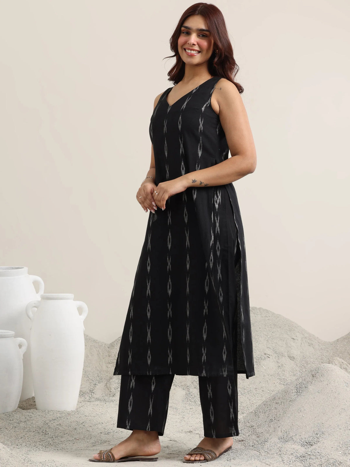 Libas Black Woven Design Cotton Straight Suit With Dupatta