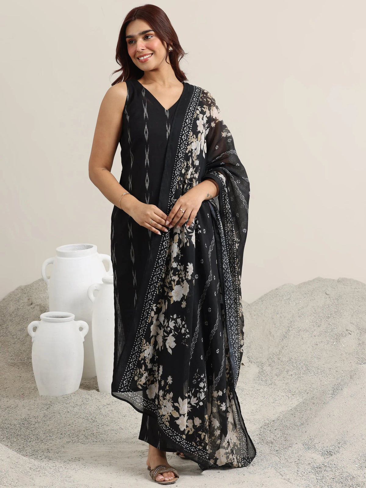 Libas Black Woven Design Cotton Straight Suit With Dupatta