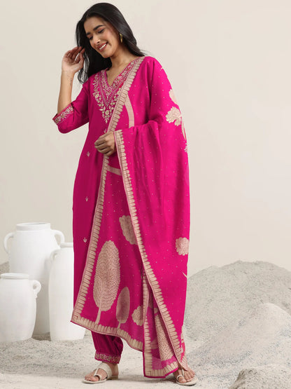 Libas Pink Embroidered Rayon Straight Suit With Dupatta