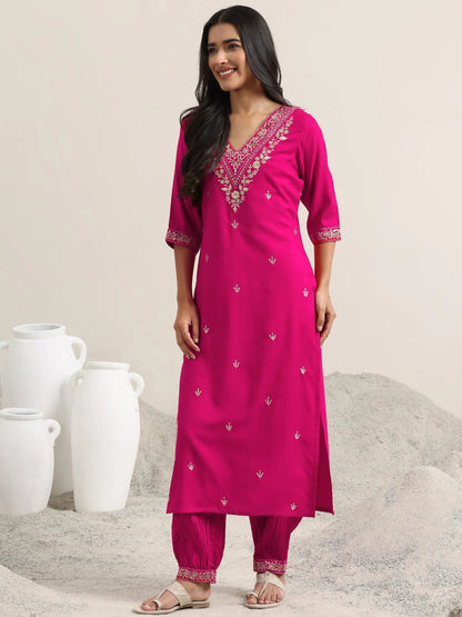 Libas Pink Embroidered Rayon Straight Suit With Dupatta