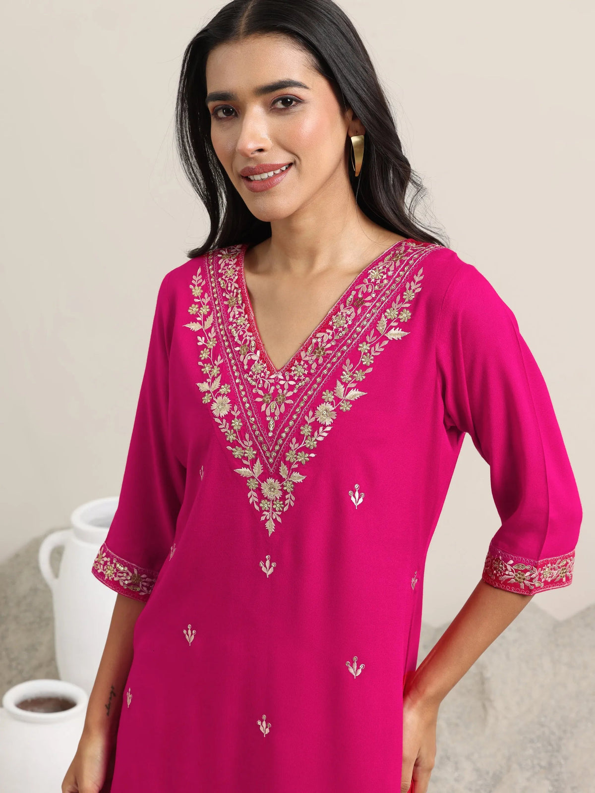 Libas Pink Embroidered Rayon Straight Suit With Dupatta