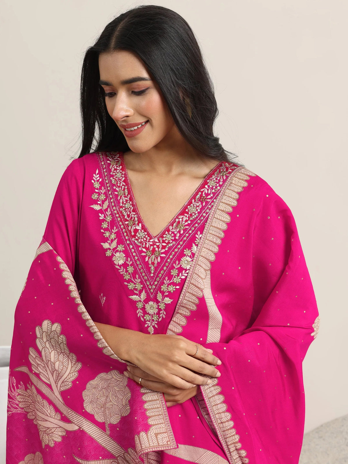 Libas Pink Embroidered Rayon Straight Suit With Dupatta
