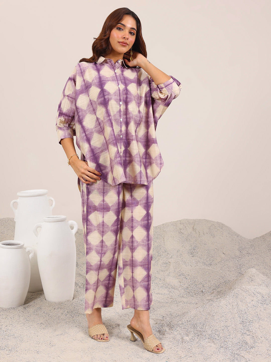 Libas Purple Printed Silk Blend Co-Ord Sets