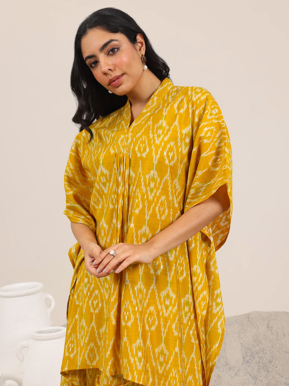 Libas Mustard Printed Silk Blend Co-Ord Sets