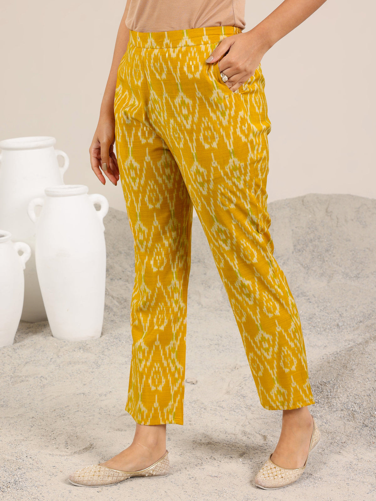Libas Mustard Printed Silk Blend Co-Ord Sets