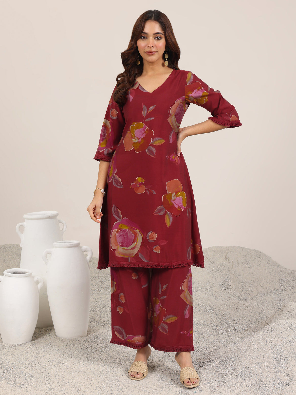 Libas Maroon Printed Silk Blend A-Line Kurta Set