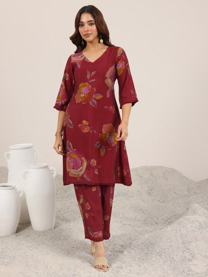 Libas Maroon Printed Silk Blend A-Line Kurta Set