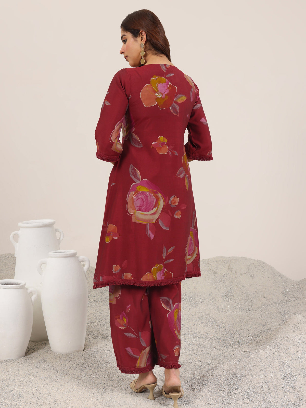 Libas Maroon Printed Silk Blend A-Line Kurta Set