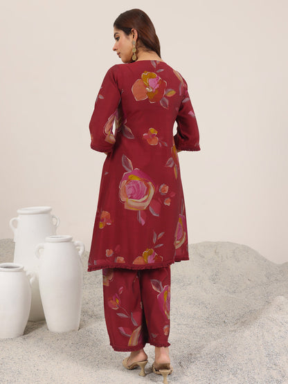 Libas Maroon Printed Silk Blend A-Line Kurta Set