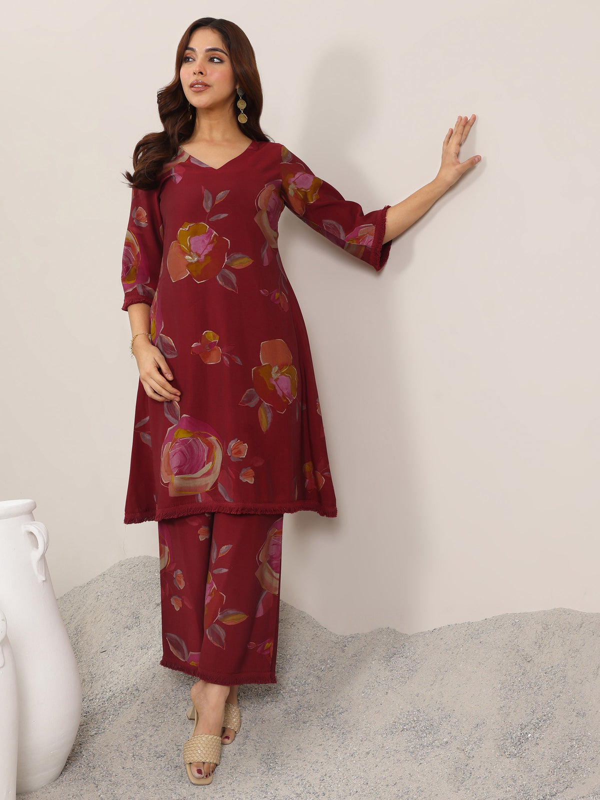 Libas Maroon Printed Silk Blend A-Line Kurta Set