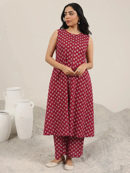 Libas Maroon Printed Pure Cotton A-Line Kurta Set