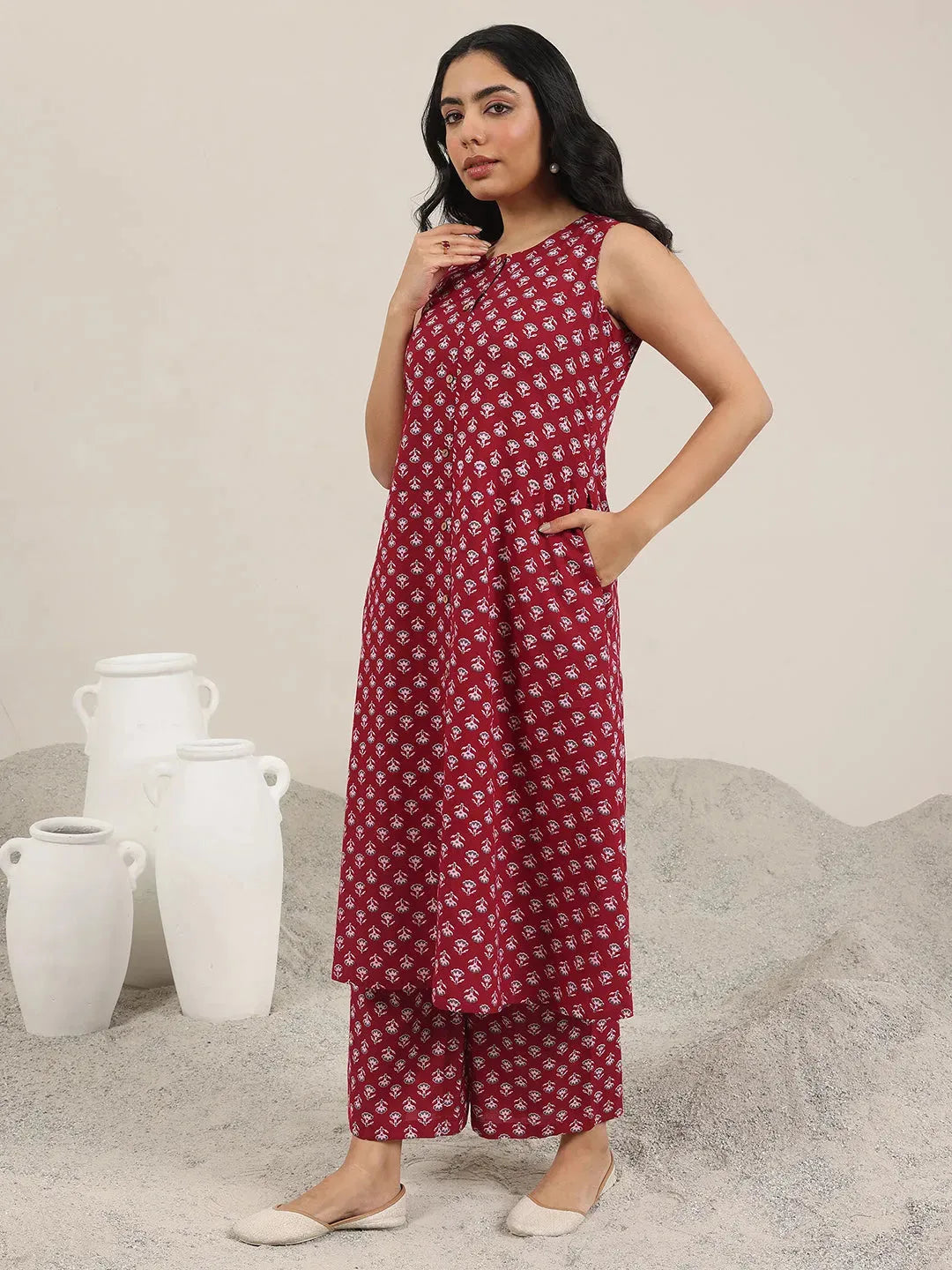 Libas Maroon Printed Pure Cotton A-Line Kurta Set