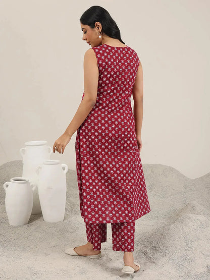 Libas Maroon Printed Pure Cotton A-Line Kurta Set
