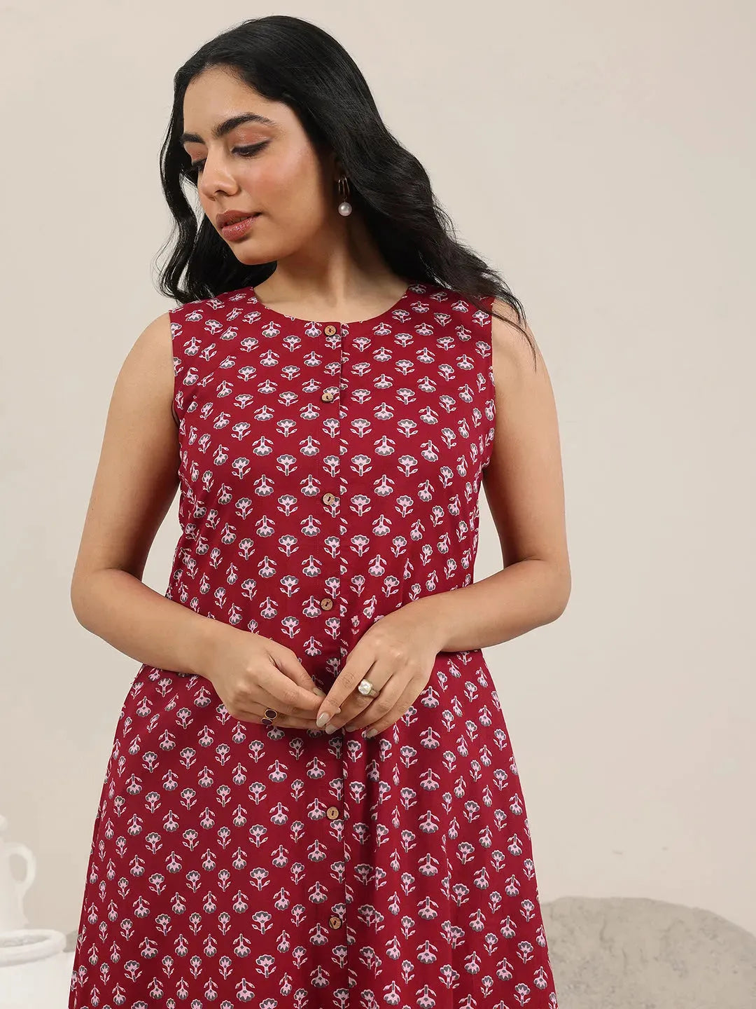 Libas Maroon Printed Pure Cotton A-Line Kurta Set