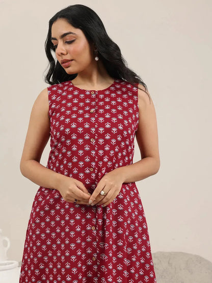 Libas Maroon Printed Pure Cotton A-Line Kurta Set