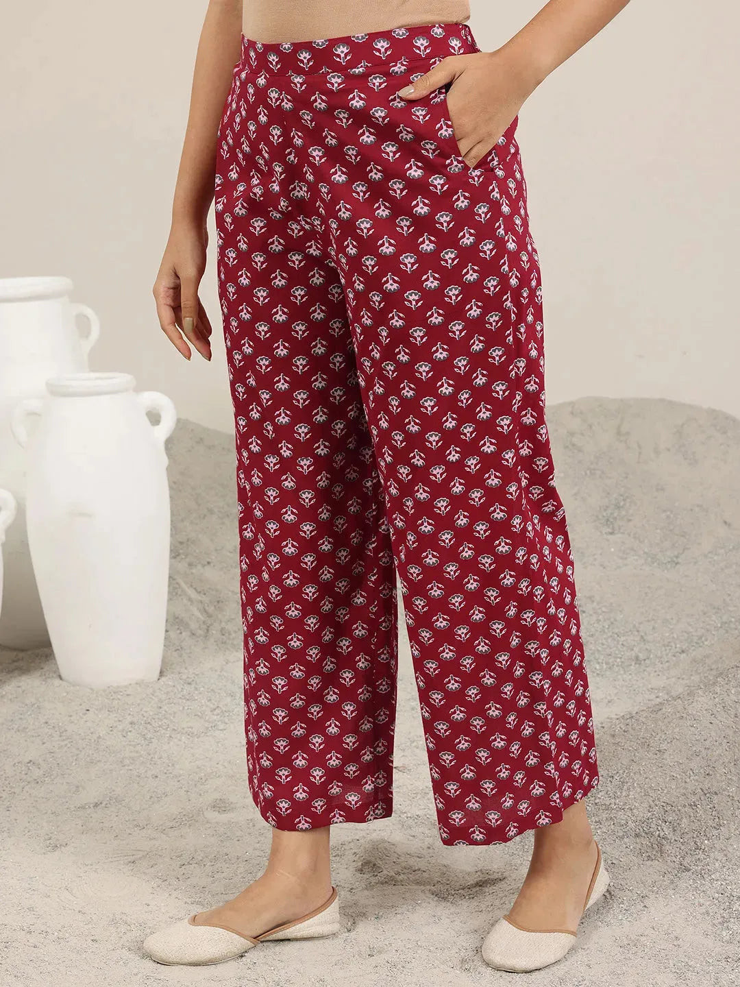 Libas Maroon Printed Pure Cotton A-Line Kurta Set