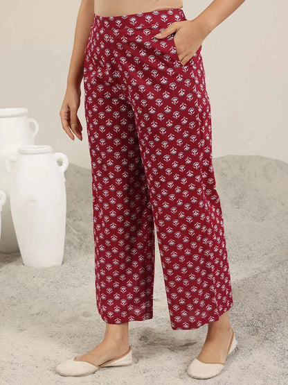 Libas Maroon Printed Pure Cotton A-Line Kurta Set