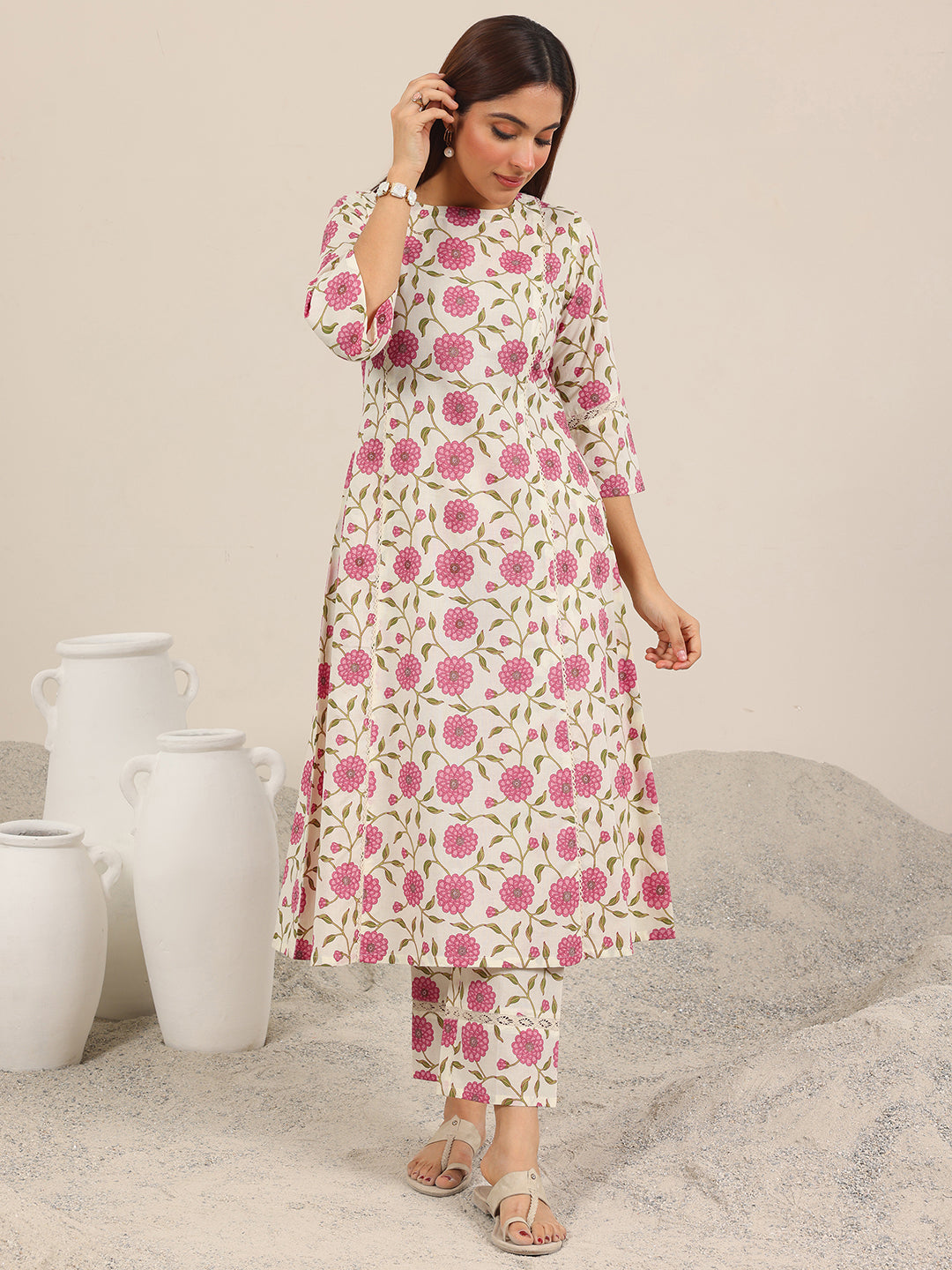Libas Off White Printed Pure Cotton Straight Kurta Set