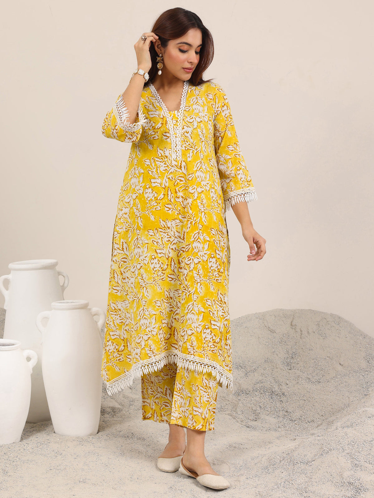 Libas Mustard Printed Pure Cotton Straight Kurta Set