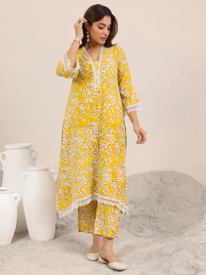Libas Mustard Printed Pure Cotton Straight Kurta Set