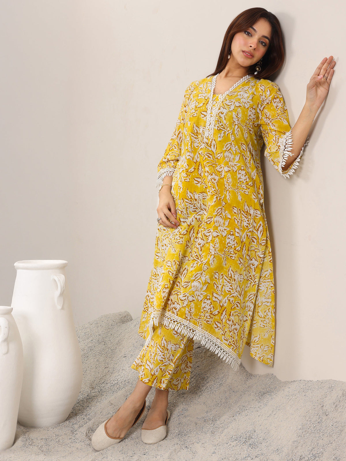 Libas Mustard Printed Pure Cotton Straight Kurta Set