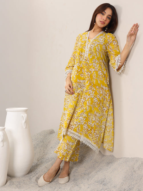 Libas Mustard Printed Pure Cotton Straight Kurta Set