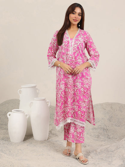 Libas Pink Printed Pure Cotton Straight Kurta Set