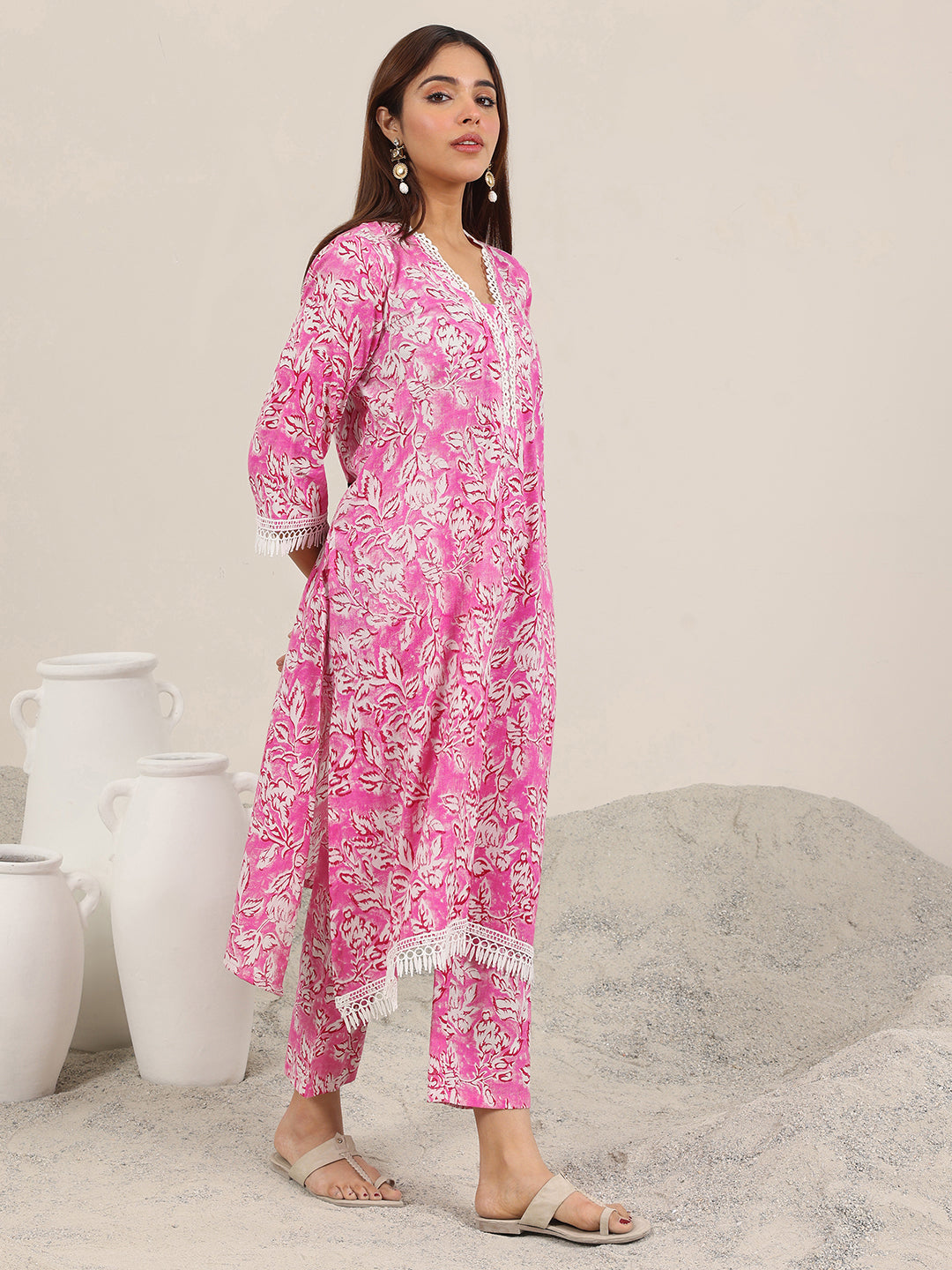 Libas Pink Printed Pure Cotton Straight Kurta Set