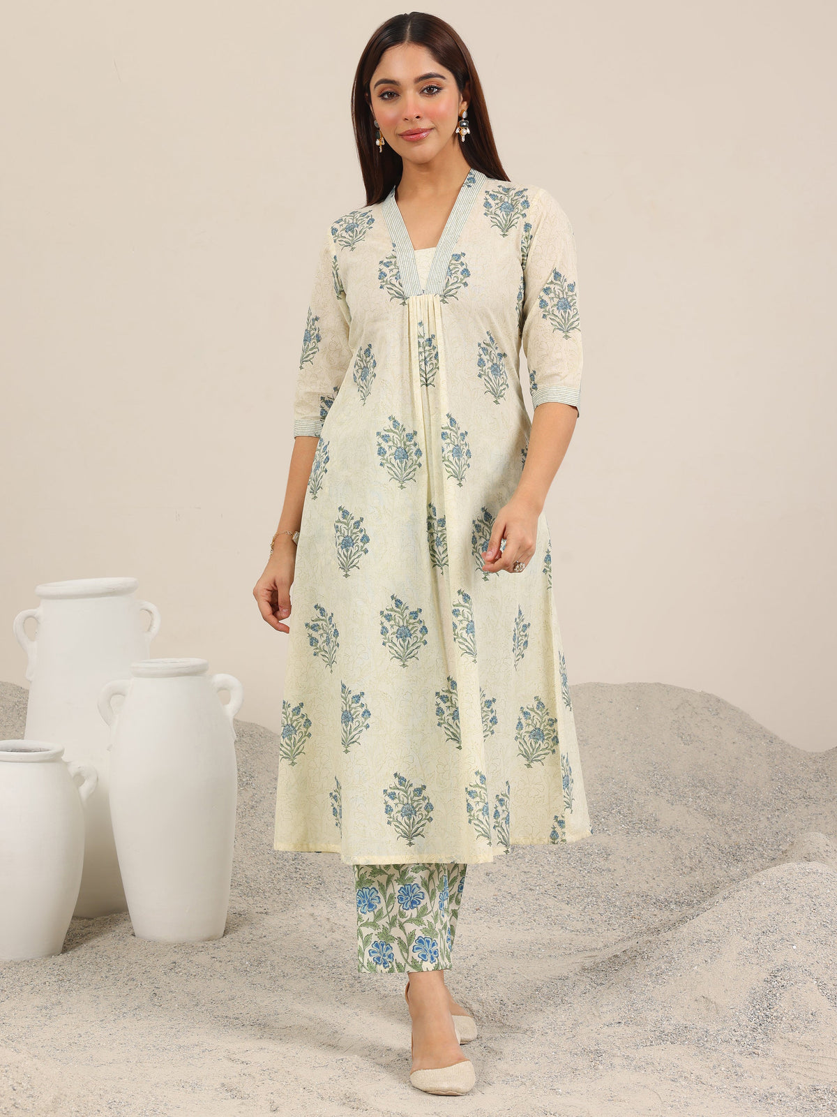 Libas Off White Printed Pure Cotton A-Line Kurta Set