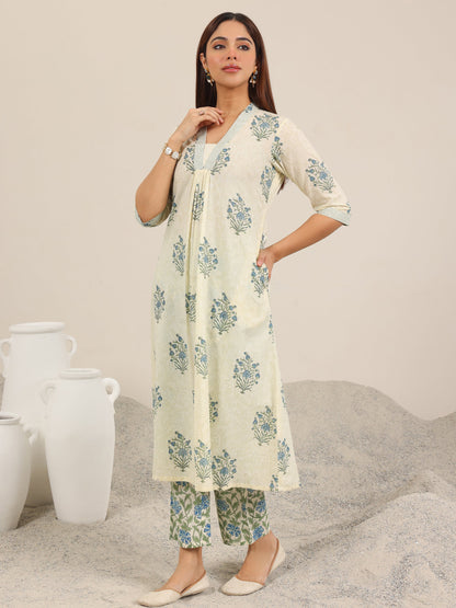 Libas Off White Printed Pure Cotton A-Line Kurta Set