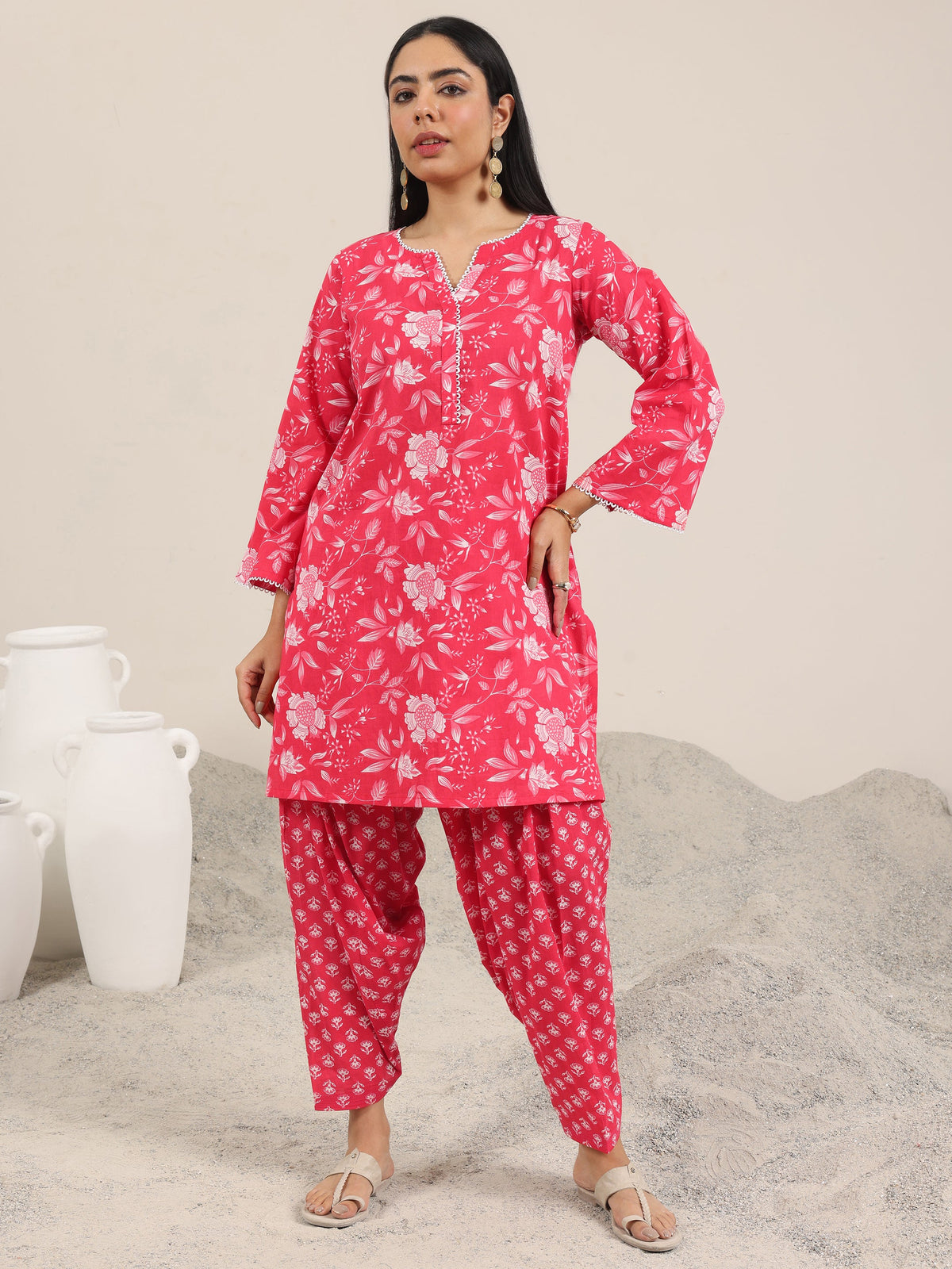 Libas Pink Printed Pure Cotton Straight Kurta Set