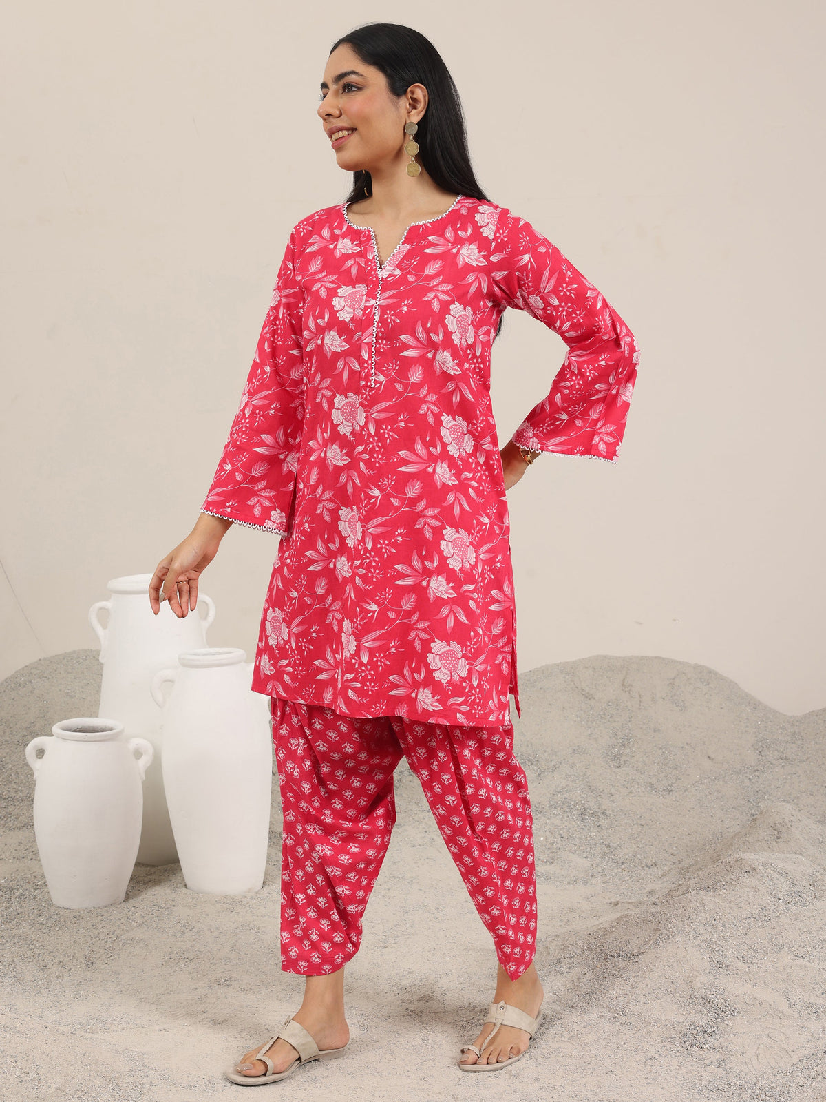 Libas Pink Printed Pure Cotton Straight Kurta Set