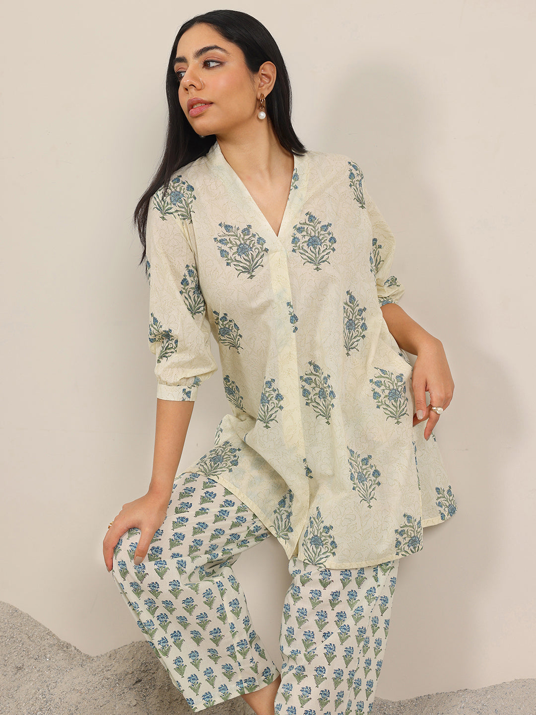 Libas Off White Printed Pure Cotton Straight Kurta Set