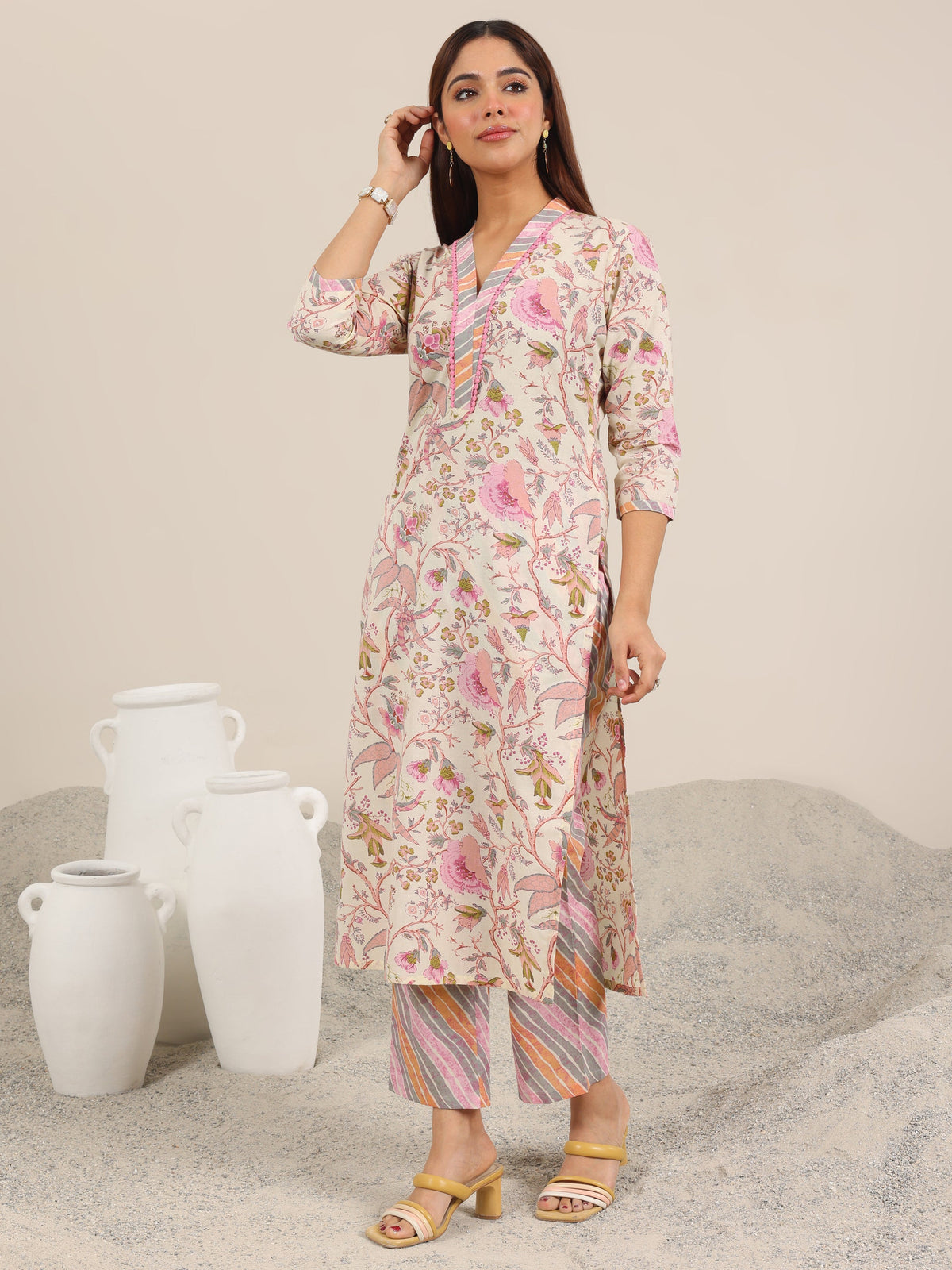 Libas Off White Printed Pure Cotton Straight Kurta Set