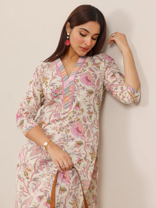 Libas Off White Printed Pure Cotton Straight Kurta Set