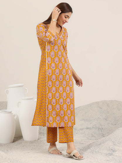 Libas Mustard Printed Pure Cotton Straight Kurta Set