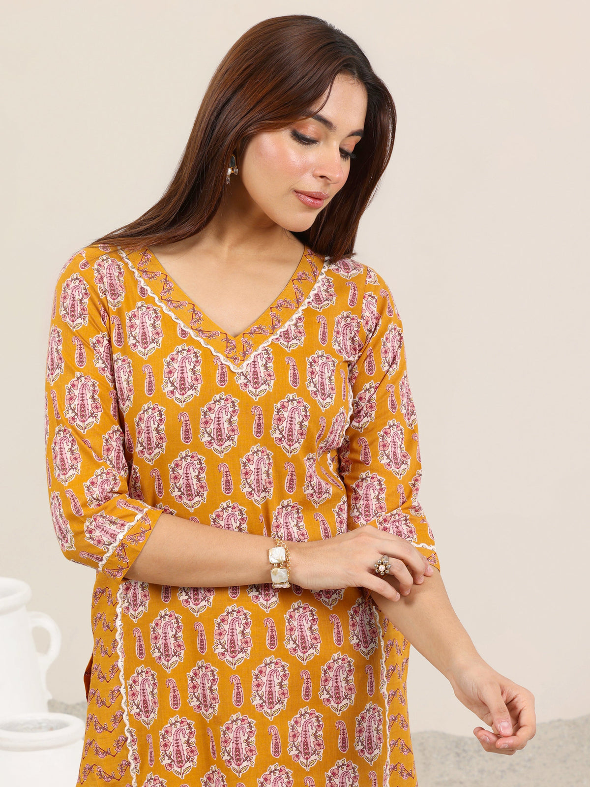 Libas Mustard Printed Pure Cotton Straight Kurta Set