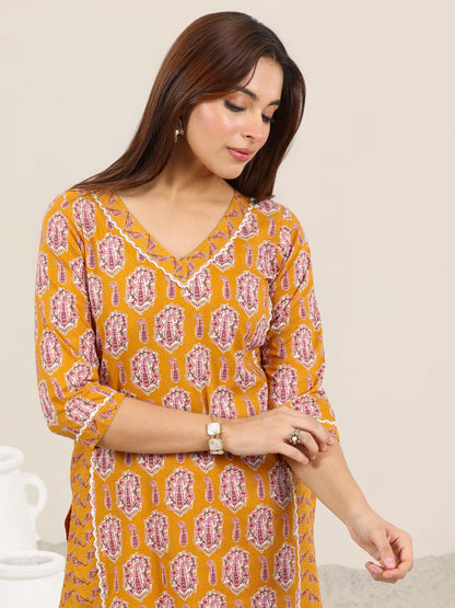Libas Mustard Printed Pure Cotton Straight Kurta Set
