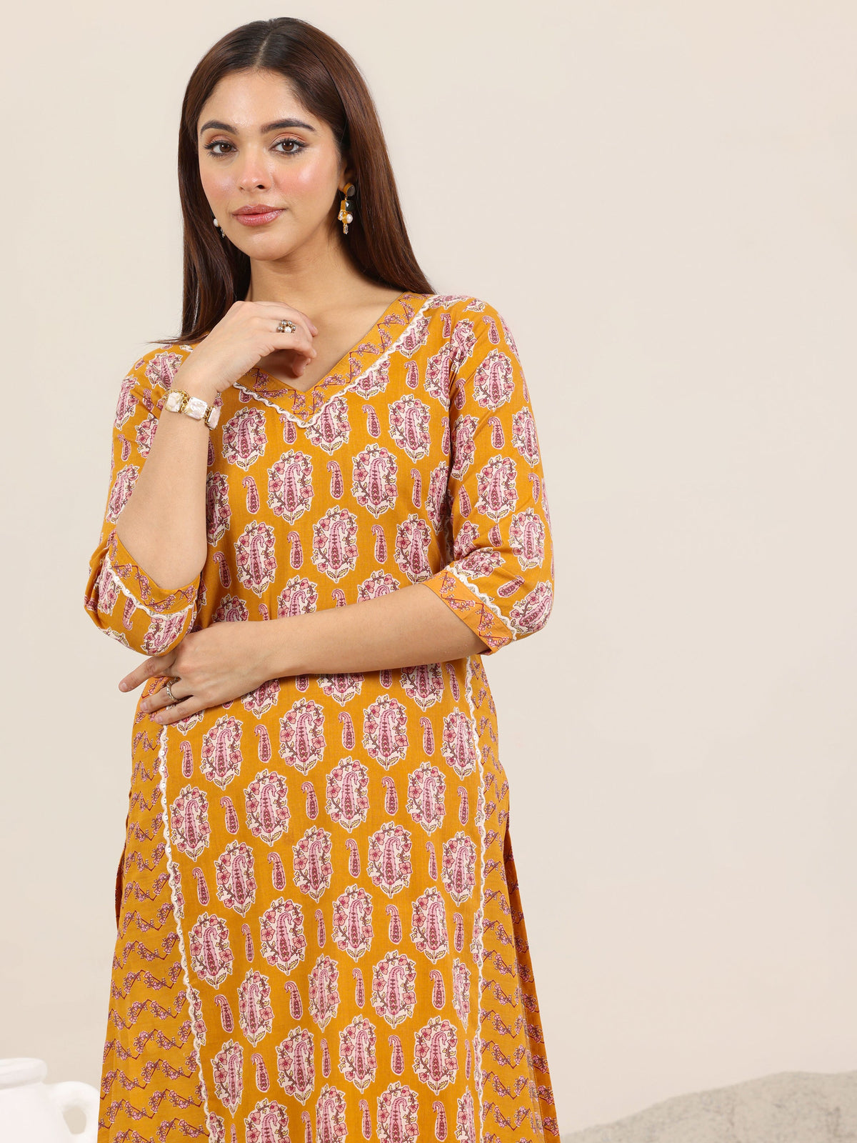 Libas Mustard Printed Pure Cotton Straight Kurta Set